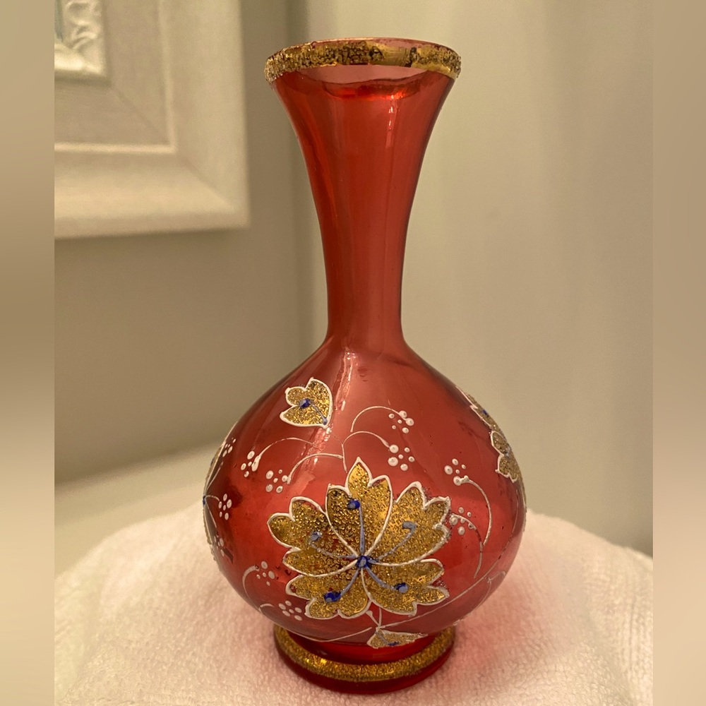 VERY RARE FIND- Antique Bohemian Moser Cranberry Coralene Glass Vase